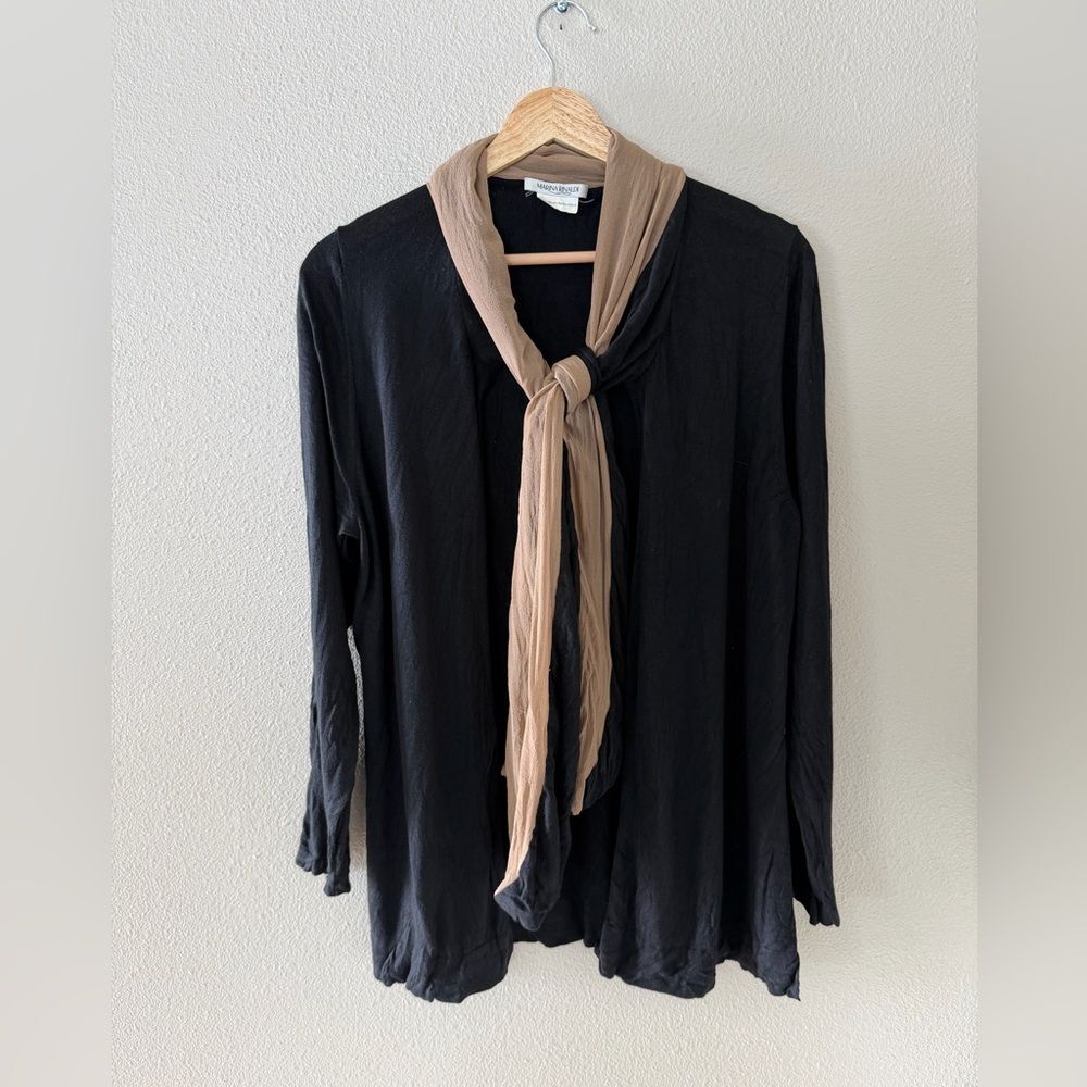 Marina Rinaldi Merino Wool Black Cardigan with Built-in Tan Scarf Detail Size M